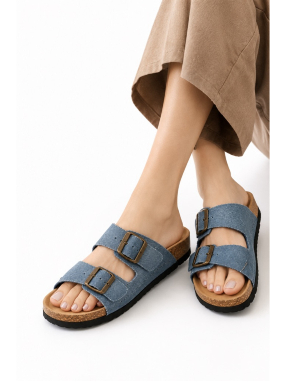 Joe Fresh Denim Cork Slide Sandals Blue Double Buckle Size 7